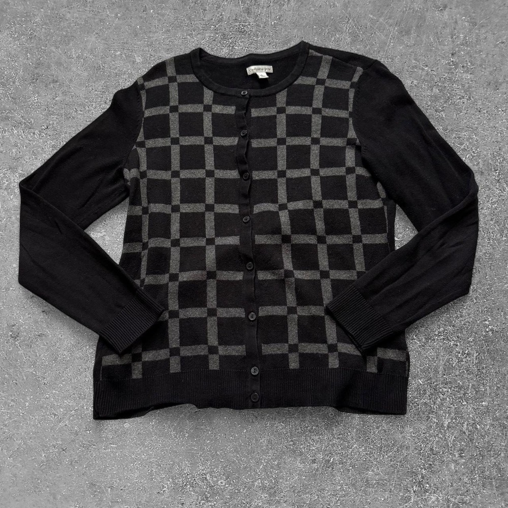 Croft & Barrow Womens Black Gray Checkered Cotton Button Front Cardigan Small